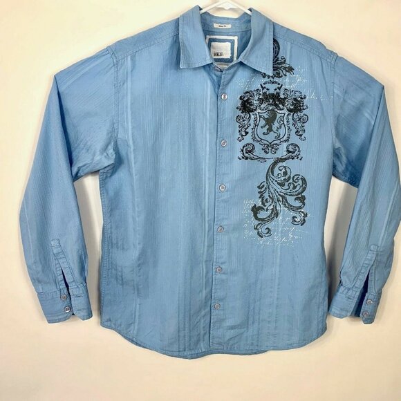 BKE Blue Long Sleeve Button Front Shirt Front Graphic Sz L - Picture 1 of 7